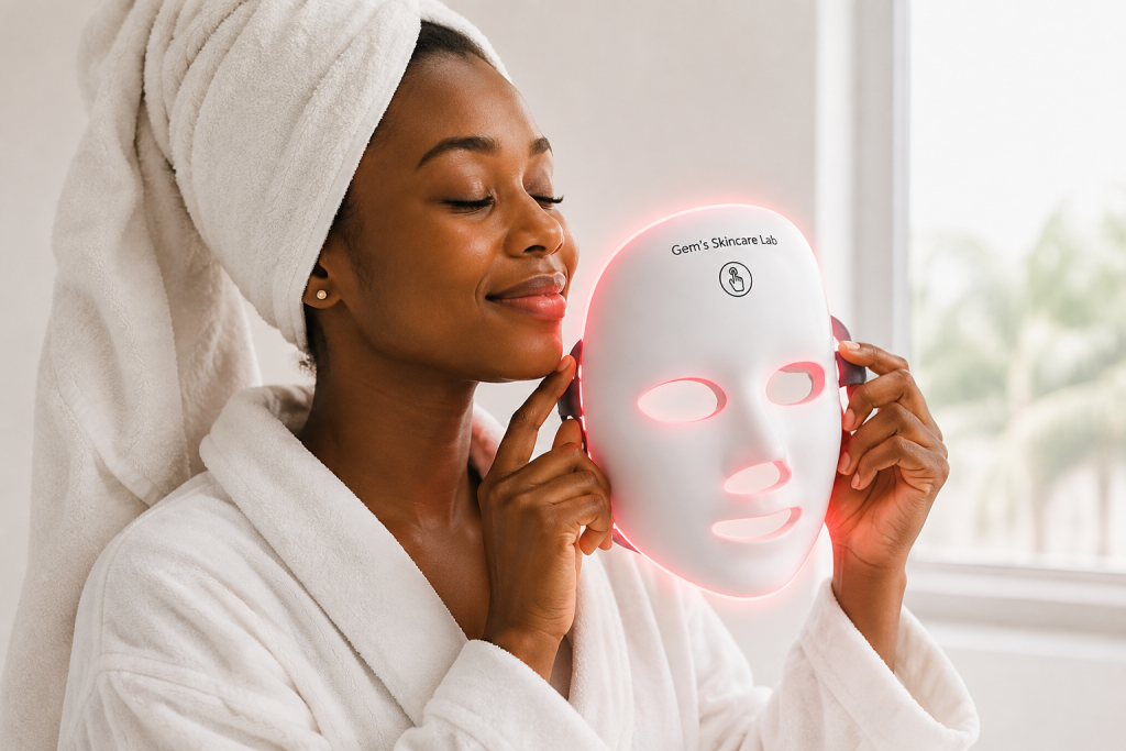 a woman using Gem's Skincare Lab LED Mask